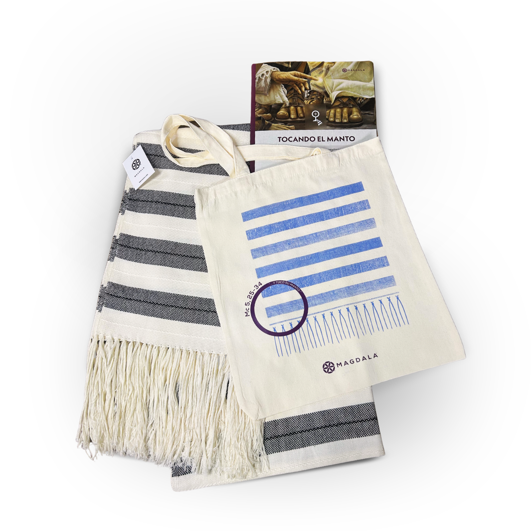 KIT MANTO DE JESUS A RAYAS Y BOLSA TOTE RAYADA